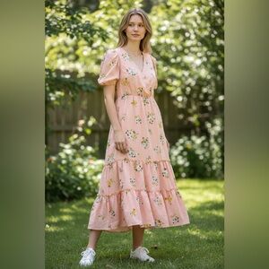 Inspired Hearts Woman’s Size XL Pink Floral Design Tiered Maxi Dress NWOT